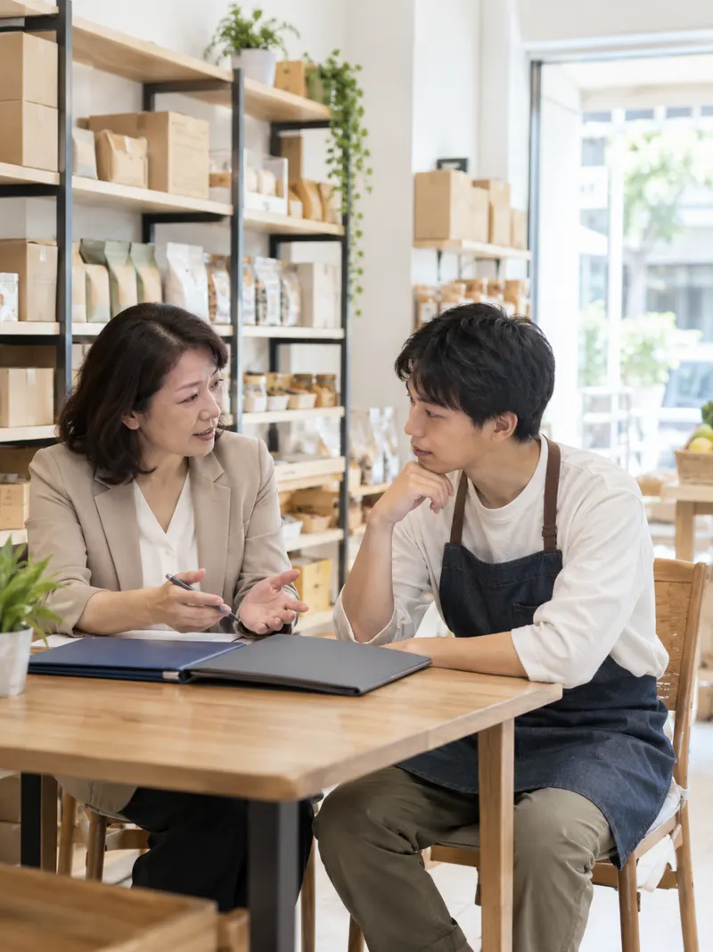 記帳士和穿圍裙的年輕店主坐在桌邊,看著文件夾交談